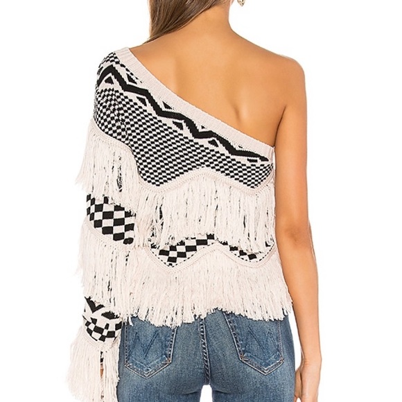House of Harlow x Revolve NOA One Shoulder Fringe Sweater in Bone - Picture 3 of 9